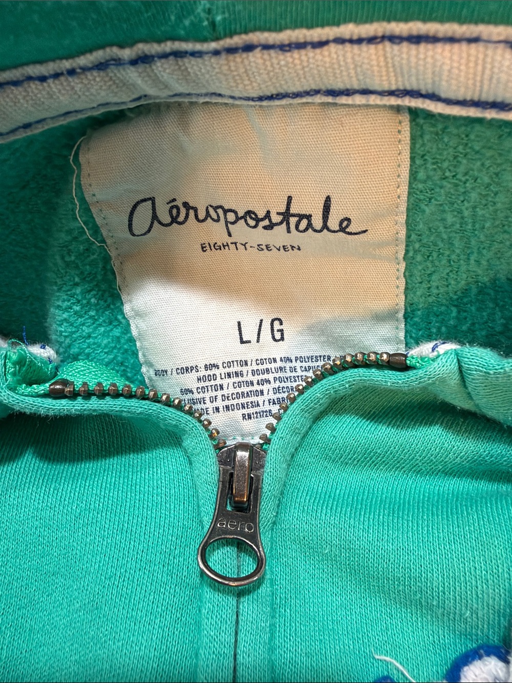 Aeropostale Teal Zip Hoodie with White Drawstrings - Picture 2 of 3